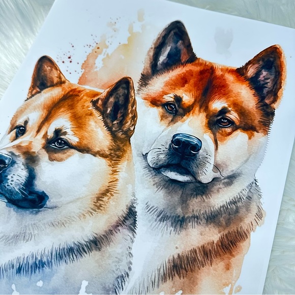 Watercolor American Akita Dogs Portrait Wall Art Illustration Print Unframed - Picture 6 of 10